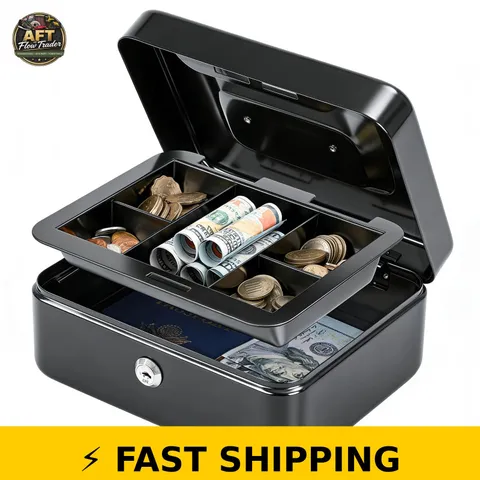 KYODOLED Medium Cash Box with Removable Tray, Key Lock - Black