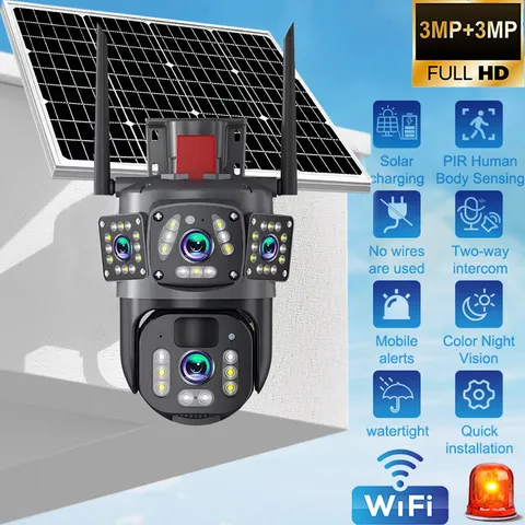 6MP Outdoor Solar WiFi IP Security Camera Three Lens PTZ Video Surveillance LOT