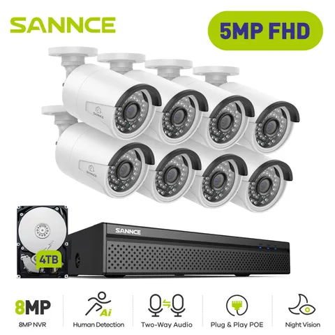 SANNCE 5MP POE Two Way Audio 8CH NVR Security Camera System Outdoor AI Detection