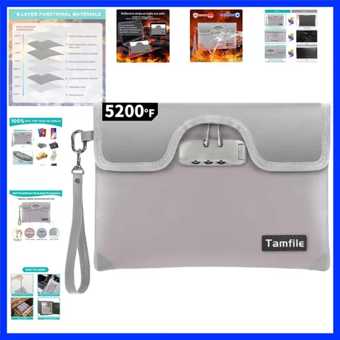 5200°F Fireproof Money Bag with Lock, Water Fireproof Document Bag with Zippe...