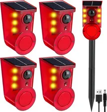 4 Pack Solar Outdoor Motion Sensor Alarm with Stake, 129db Alarm, Red