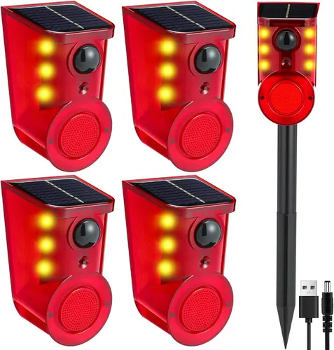 4 Pack Solar Outdoor Motion Sensor Alarm with Stake, 129db Alarm, Red