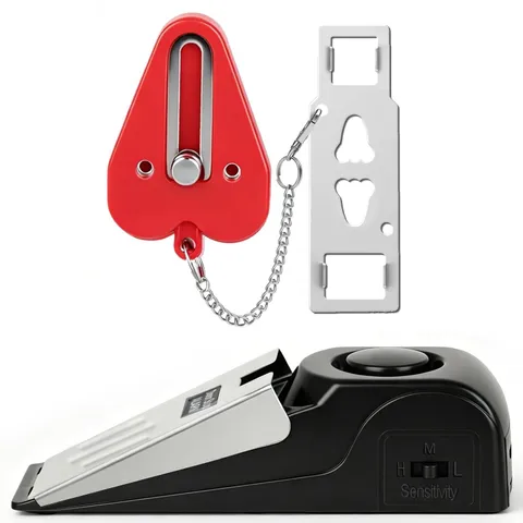 Portable Red Door Lock Alarm Security Kit with Door Stop Protection Home