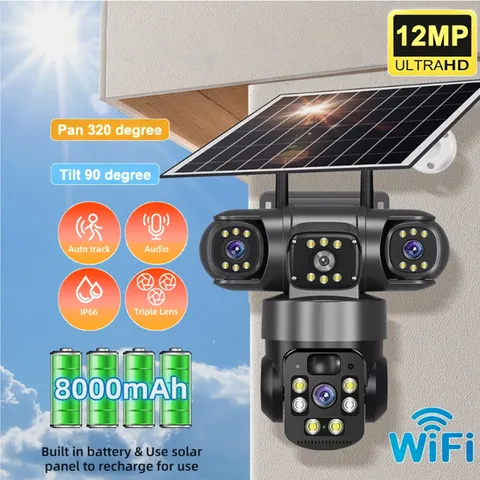 12MP Solar Powered Wireless WiFi Home Security 3 Lens Camera System Outdoor PTZ