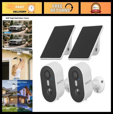 Wireless Outdoor Security Cameras, 4MP Rechargeable WiFi, Solar Panel, Motion De