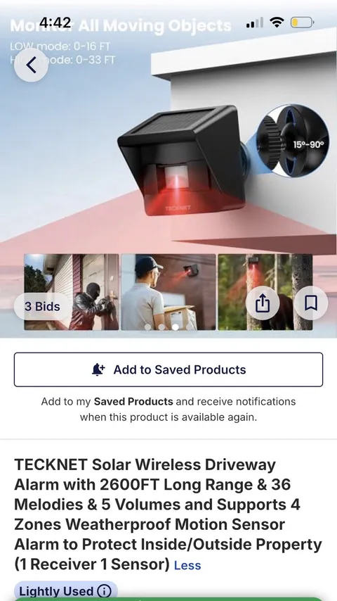 TECKNET Solar Wireless Motion Sensor Driveway Alarm Receiver + Sensor