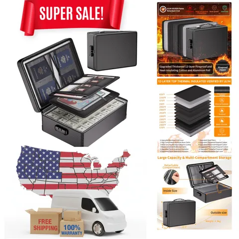 Fireproof Document Box with Lock - 12 Layers Heat Insulated Organizer, Large ...