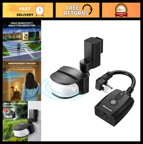 Motion Sensor Plug Outlet - Indoor/Outdoor, 50FT Range, Adjustable Angle, Wirele