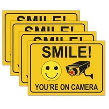 4 Smile You're on Camera Stickers for Home, 10 X 7 Inch 10x7 inches, Yellow