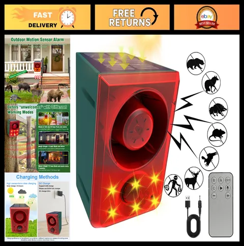 Solar Motion Sensor Alarm with Dog Barking & Gunshot Sounds, 130dB, Adjustable V