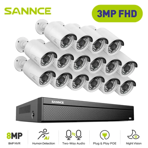 SANNCE 4K 16CH NVR 16pc 3MP POE Outdoor IP Security Camera System Two Way Audio