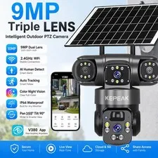 Outdoor 9MP Solar Security Cameras WiFi Color Night Vision Tri-Lens Surveillance