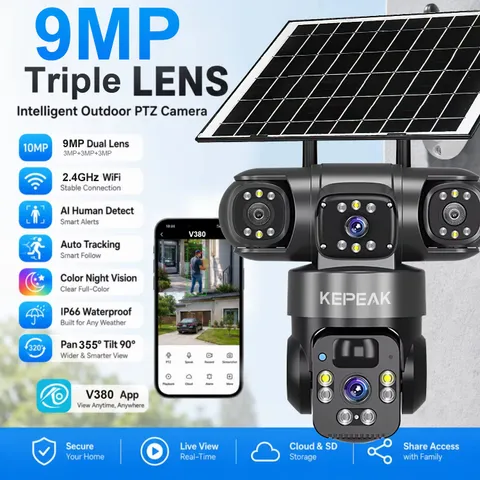 Outdoor 9MP Solar Security Cameras WiFi Color Night Vision Tri-Lens Surveillance