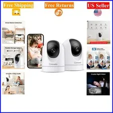 2 Pack White 2K Indoor Security Cameras with Night Vision & 360° Pan/Tilt