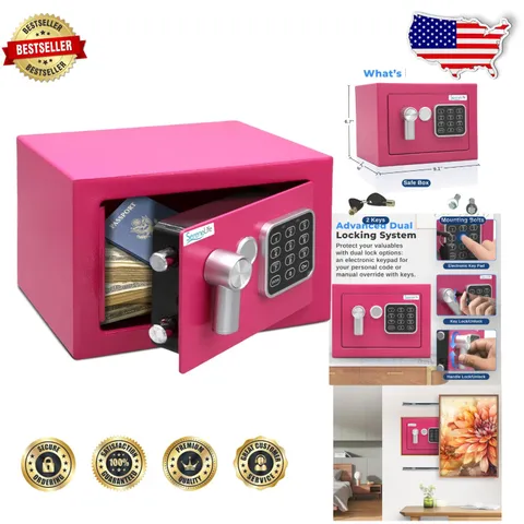 Compact Electronic Safe Box 9.1" Pink Alloy Steel Digital Touch Pad Key Lock