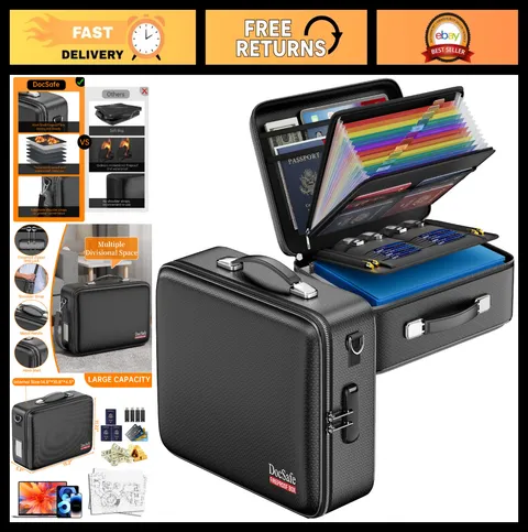 Fireproof Document Box with Lock & Accordion File Folder | Water Resistant Safe,
