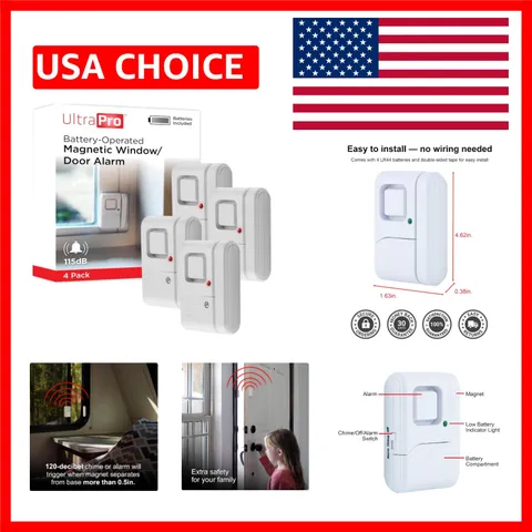 Battery-Powered 120dB Window & Door Alarms - Wireless Home Protection Set