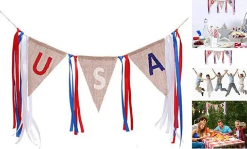4th of July Decoration USA Burlap Banner with Tassels, US Blue,Red,White