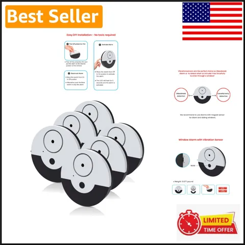 Battery-Powered Window Alarm Set - 130dB Siren, Vibration Sensors, 6 Black Units
