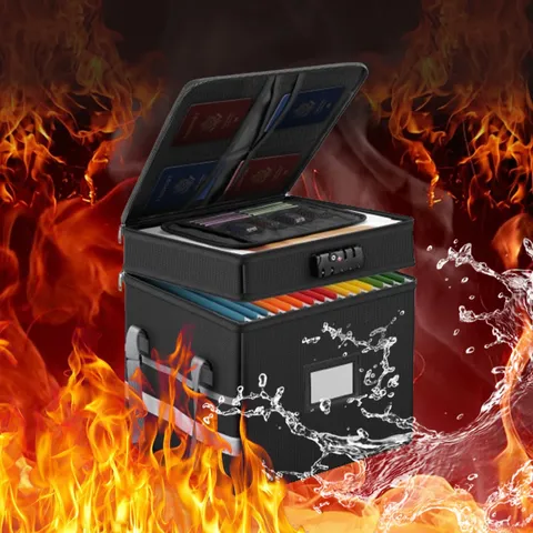 Fireproof File Box Portable Double Layer Waterproof Storage Case Lock