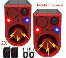 2XSOLAR MOTION DETECTOR ALARM DOG BARKING ANIMAL REPELLENT 13 SOUNDS FLASH LIGHT