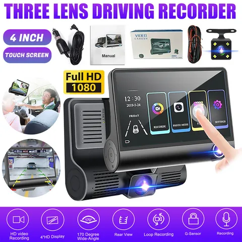 4" Touch Dash Cam 1080P HD Dual 3 Lens Car DVR Recorder Front/Rear/Inside Camera