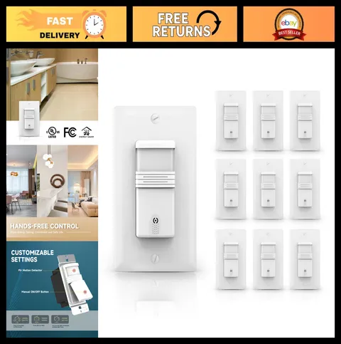 10-Pack Motion Sensor Light Switches - PIR Infrared, Wall Switch, Neutral Wire,