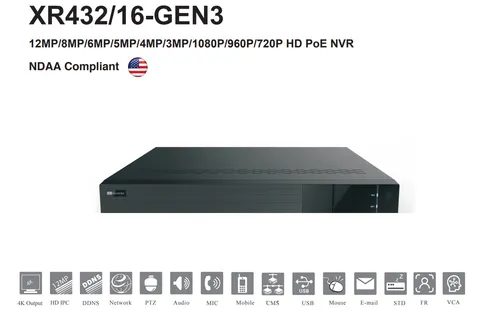 NVR 8MP (4K) 32 Channels IP 16 POE Ports H.265+ Video Output in 4K XR432/16-GEN3