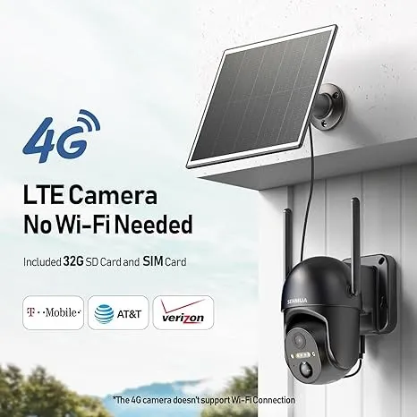 BLACK - SEHMUA 4G LTE Cellular Solar Security Camera Wireless Outdoor, No WiFi