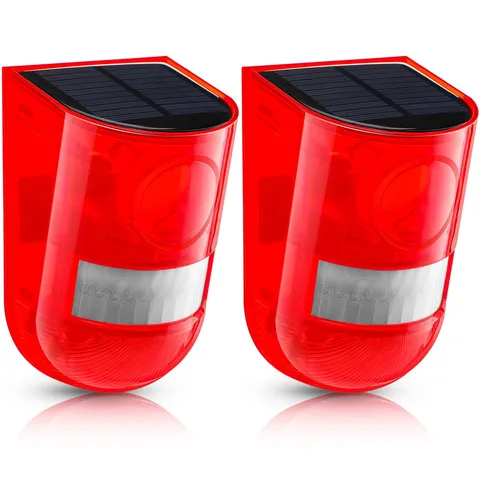 Qualirey Solar Sound and Light Alarm Motion Sensor 129db Outdoor Security Red