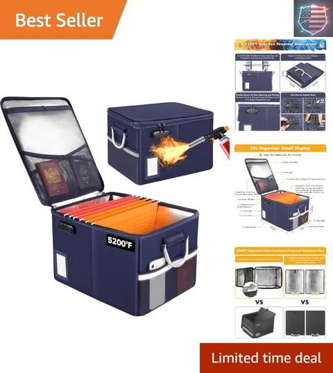 5200°F Fireproof Document Box, Fire Important Document Organizer with Lock, U..,