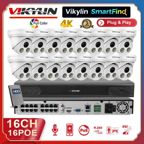 Vikylin SmartFind 16CH 16POE CCTV System 4K 8MP IP Camera Outdoor Full Color Lot