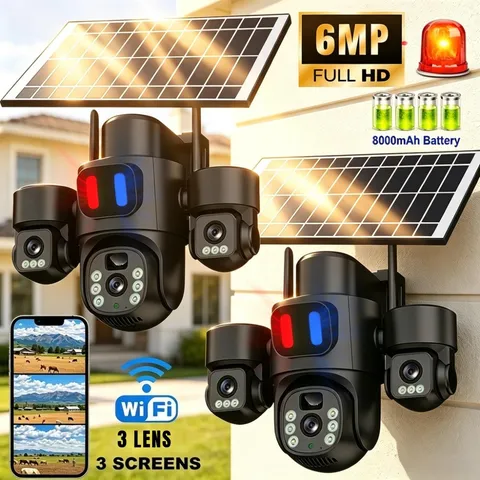 6MP Triple Lens Solar Security Camera WiFi Outdoor PTZ Color Night Vision IP Cam