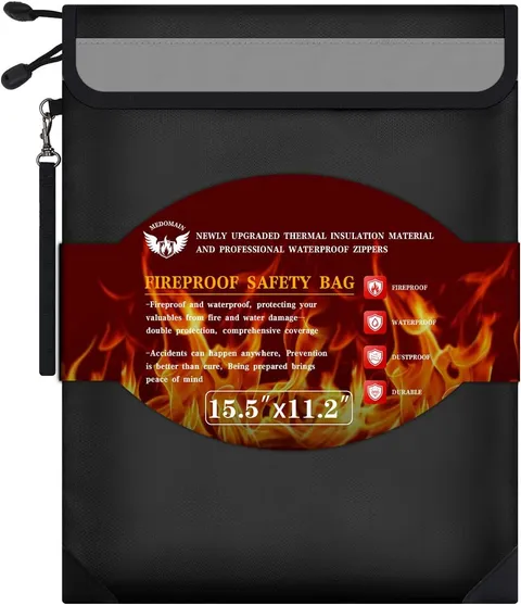 Fireproof Document Bag 15.5"X11.2", Dual Zipper Pockets, Waterproof Fire Resista