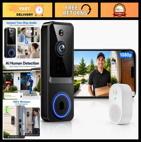 Wireless 1080P Battery-Powered Video Doorbell Camera with Night Vision & Motion
