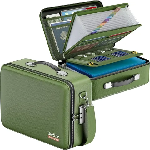 Fireproof Document Box with Lock＆Shoulder Strap,Hard Case File Organizer with Ac