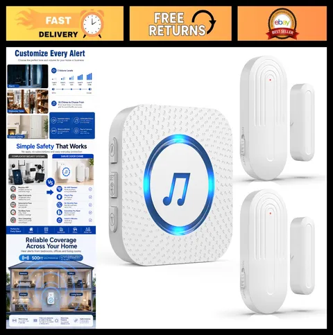 Wireless Door Chime Sensor Alarm - 500 FT Range, 26 Chimes, 2 Sensors, 5 Volume