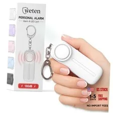 Personal Safety Alarm Keychain - 130dB Siren, LED Light, Panic Pin – D - White