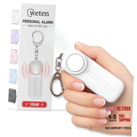 Personal Safety Alarm Keychain - 130dB Siren, LED Light, Panic Pin – D - White