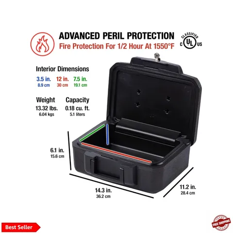 Fireproof Money Safe with Key Lock, Black Lock Box with Portable Carrying Han...
