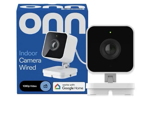 onn Indoor Camera Wired 1080p Wi-Fi IP Google Home Two-Way Audio White/Black