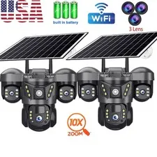 12MP 3 Lens Solar Battery Home Wireless Security Camera Outdoor Wifi PTZ CCTV US