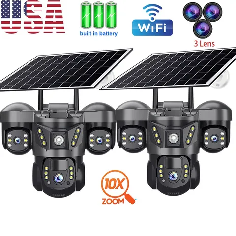 12MP 3 Lens Solar Battery Home Wireless Security Camera Outdoor Wifi PTZ CCTV US