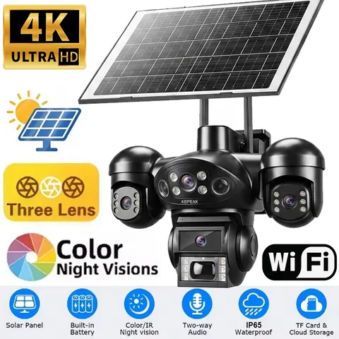 Outdoor Triple Lens Solar Security Camera Wireless WiFi NightVision Surveillance