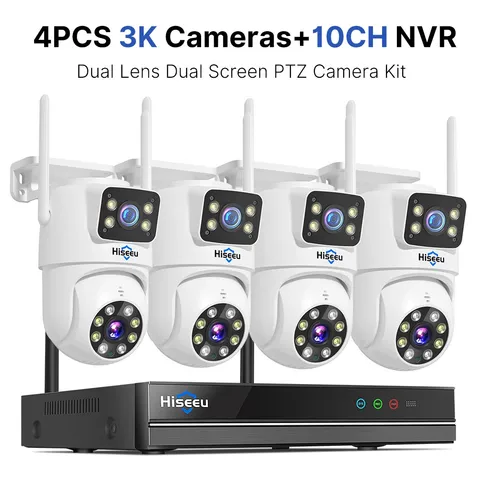 Hiseeu 10CH NVR Wireless CCTV Kit 6MP Dual Lens Cameras Human Detection