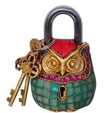 Handmade Vintage Style Rare Owl Shape Brass & Stone Work Padlock with Keys