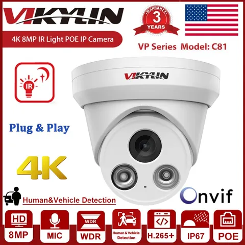 Vikylin 4K 8MP IP Camera IR Night Vision POE Audio Security Outdoor Onvif Wired