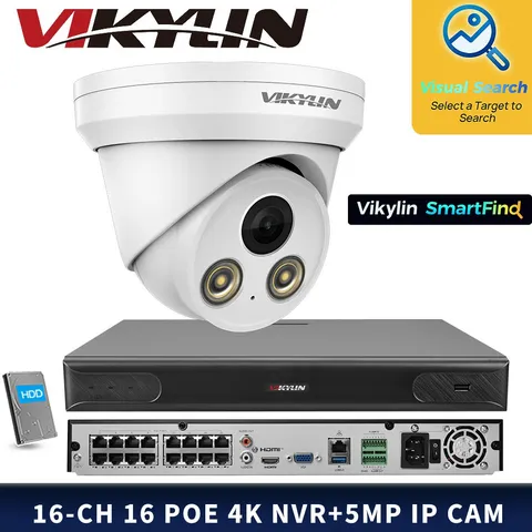 VIKYLIN SmartFind 16POE 16CH NVR Full Color MIC 5MP Ethernet Camera Systems Lot