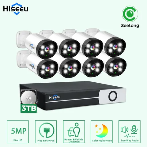 4-8Pcs Hiseeu 5MP PoE Security Camera System 3TB HDD PIR Detection Two Way Audio