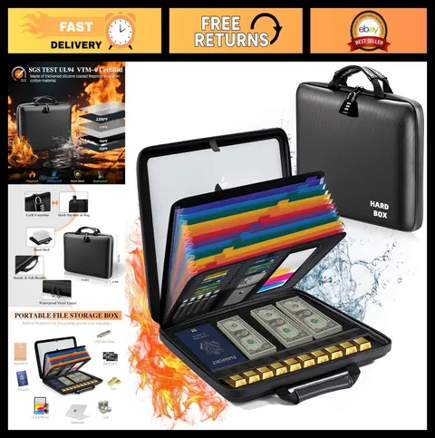 Fireproof Waterproof Document Box Organizer with Lock & 13 Pocket Accordion Fold